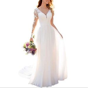 VNeck Lace Wedding Dress Bride w/Sleeves NWT SZ8